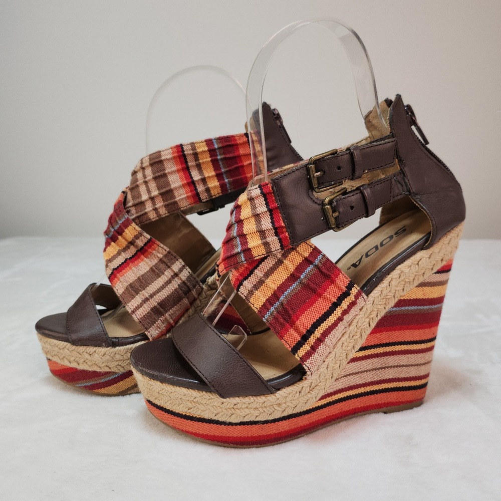Whimsigoth Bohemian Festival Espadrille Platform Wedge Sandals 6M Striped Soda